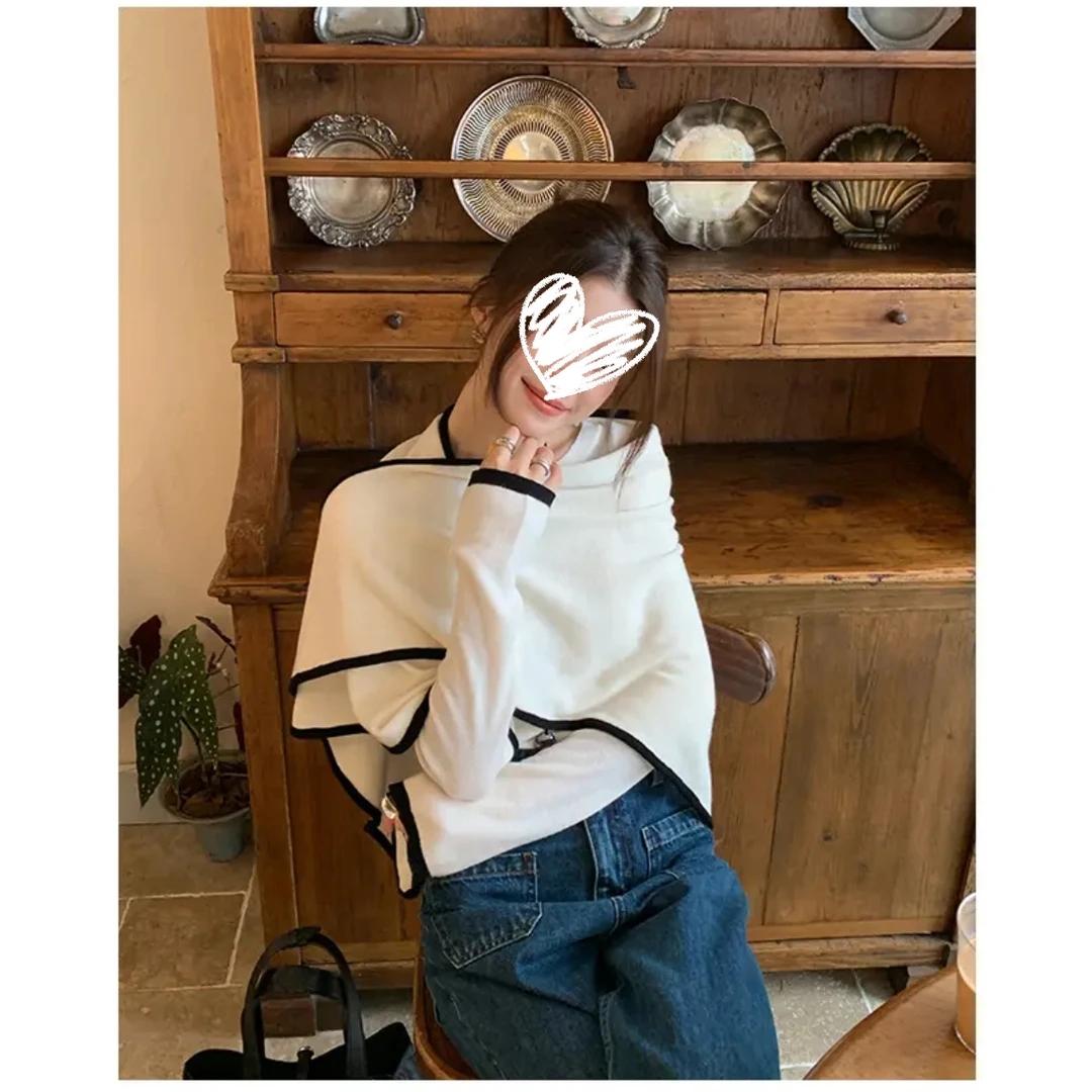 真两件三角披肩+长袖针织衫上衣撞色套装女秋设计感氛围穿搭00569