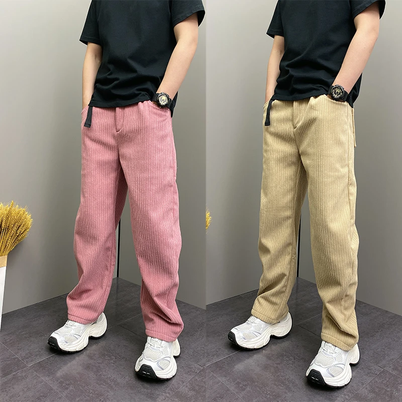 2025冬季加绒高级感条绒弯刀休闲裤男生宽松腰带直筒长裤潮流裤子