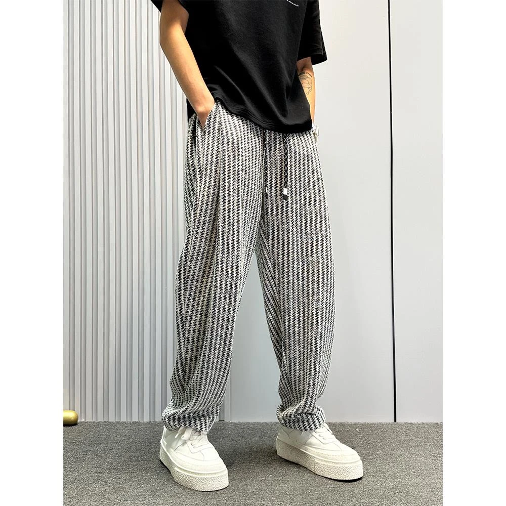 轻奢潮流高街设计感千鸟格休闲裤男士夏季薄款抗皱垂感宽松直筒裤