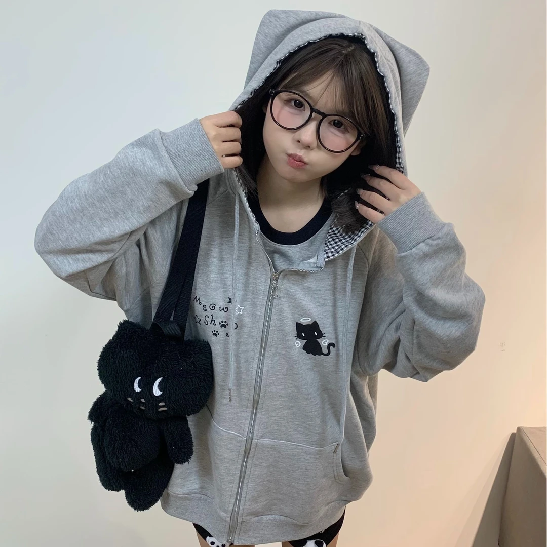 小猫吃不饱原创天使小黑猫印花灰色卫衣女宅系开春开衫猫耳外套