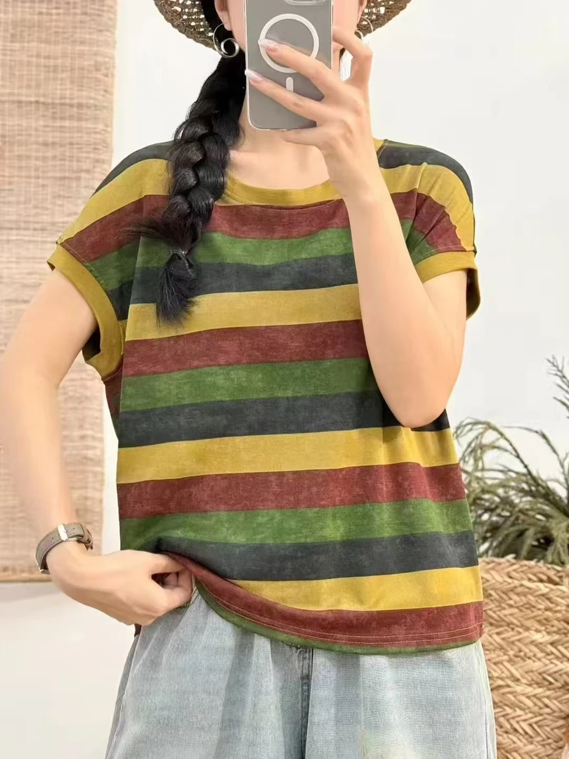 【妮妮】A15-001款黄彩色条弹力棉T恤