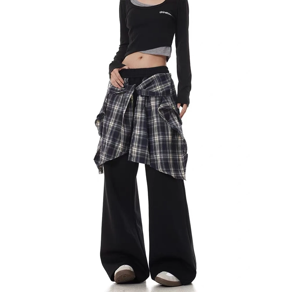 美式街头休闲格子拼接休闲卫裤男春秋季宽松阔腿街舞设计感长裤潮