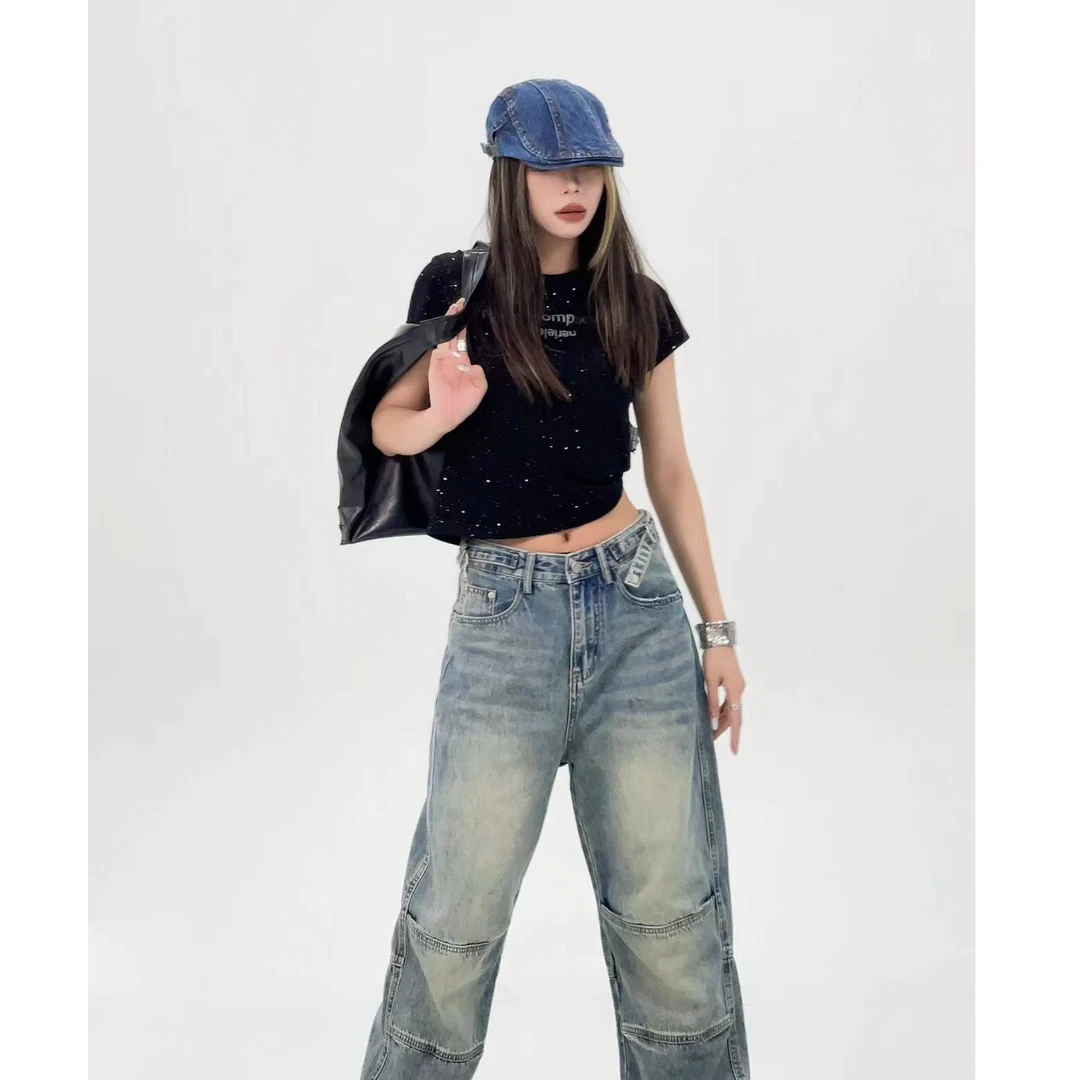 JOJO 【双杠】秋款高腰小众设计感宽松休闲复古水洗堆堆牛仔裤