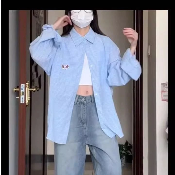 美式复古蓝色格子衬衫女腊肠狗长袖衬衣外套宽松慵懒风刺绣上衣潮
