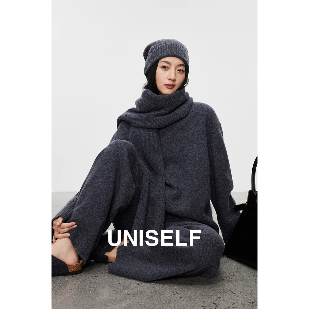 UNISELF慵懒风小众羊毛毛衣阔腿裤冷帽女冬大围巾披肩套装100752