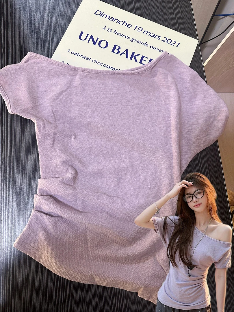 淡紫色单边斜肩短袖T恤女2025夏季新款纯欲风修身收腰皱皱棉上衣