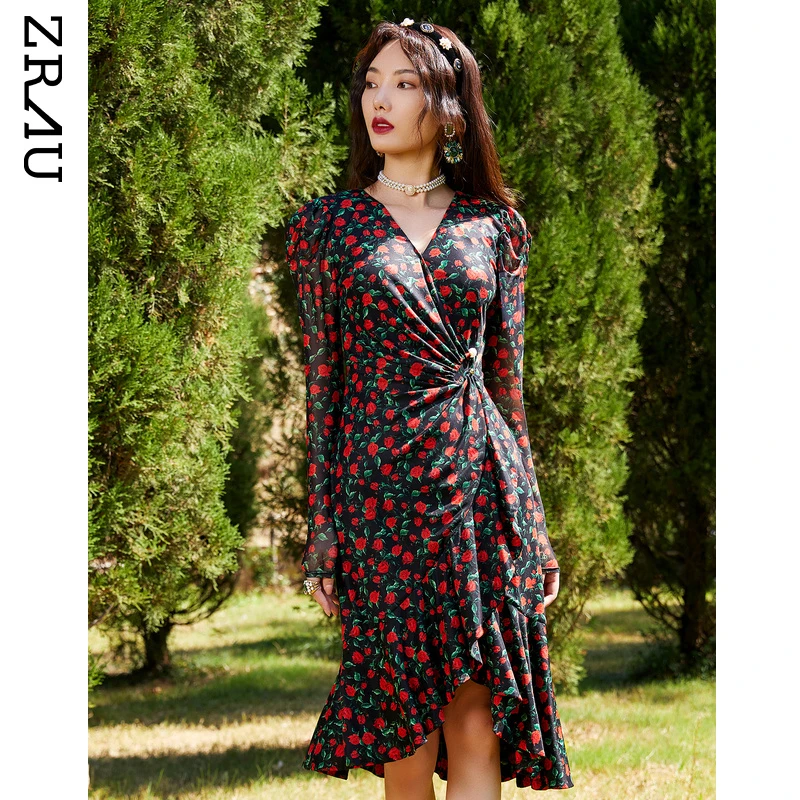【媛媛女王专享】ZRAU春季复古奥斯汀红玫瑰茶歇连衣裙91130611305