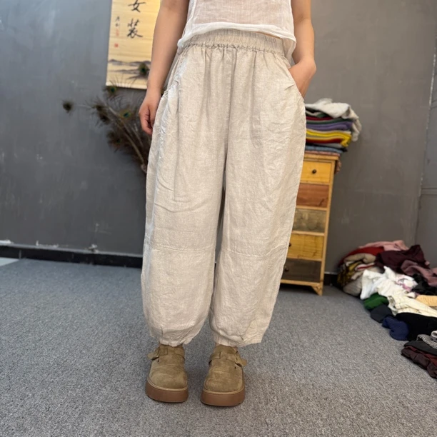 2025新款文艺纯色亚麻休闲宽松遮肉显瘦多色亚麻灯笼裤哈伦裤