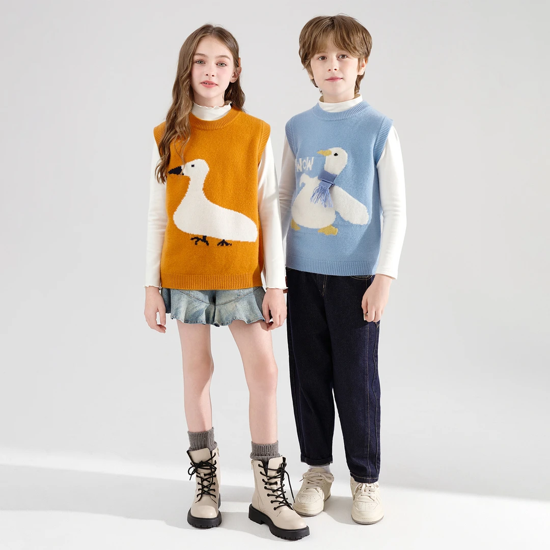 儿童纯羊毛衫圆领背心男女童马甲纯色套头毛坎肩针织衫上衣秋冬款