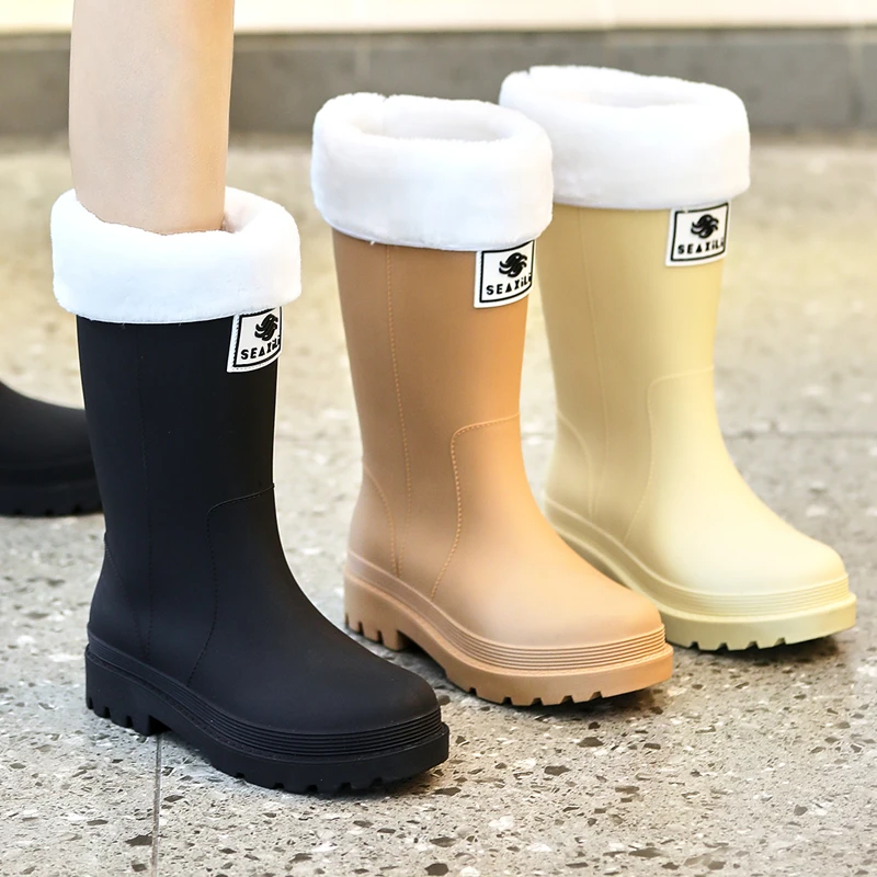 冬季中邦防水雨鞋女平跟防滑胶鞋耐磨防水鞋钓鱼买菜中筒雨靴女