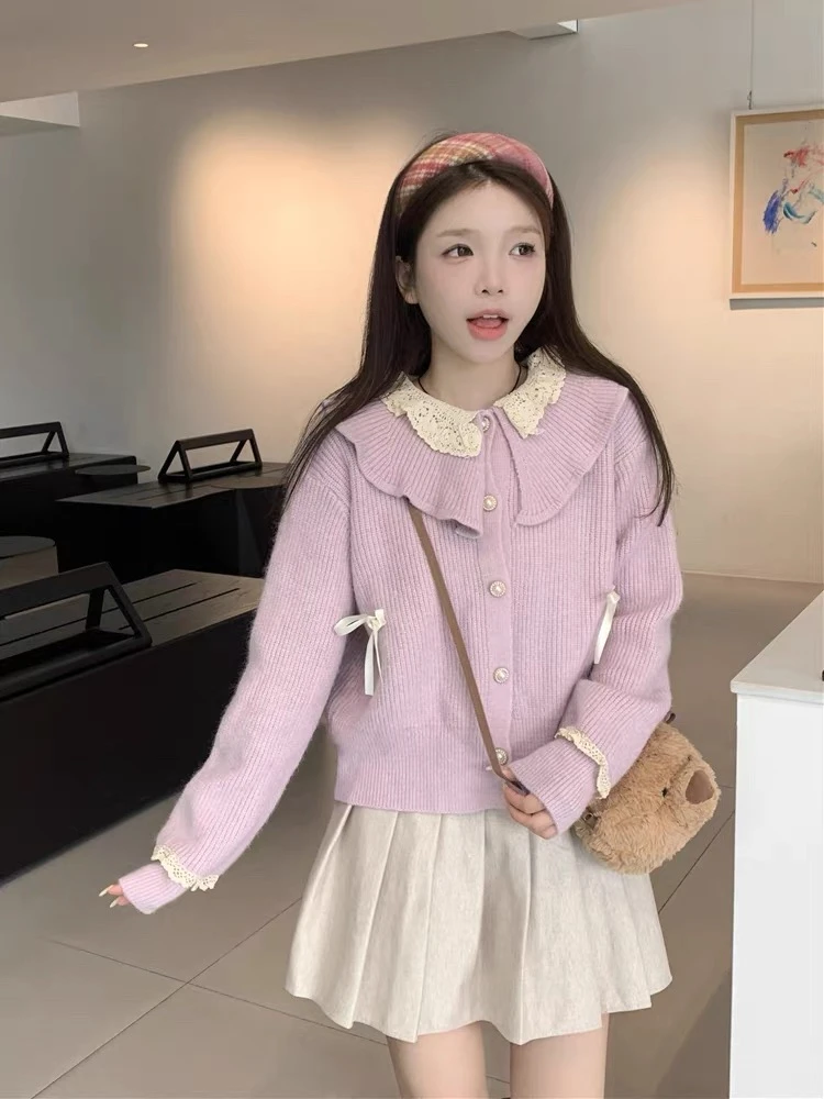 098-137蕾丝花边娃娃领毛衣开衫女秋冬韩系甜美减龄设计感温柔风