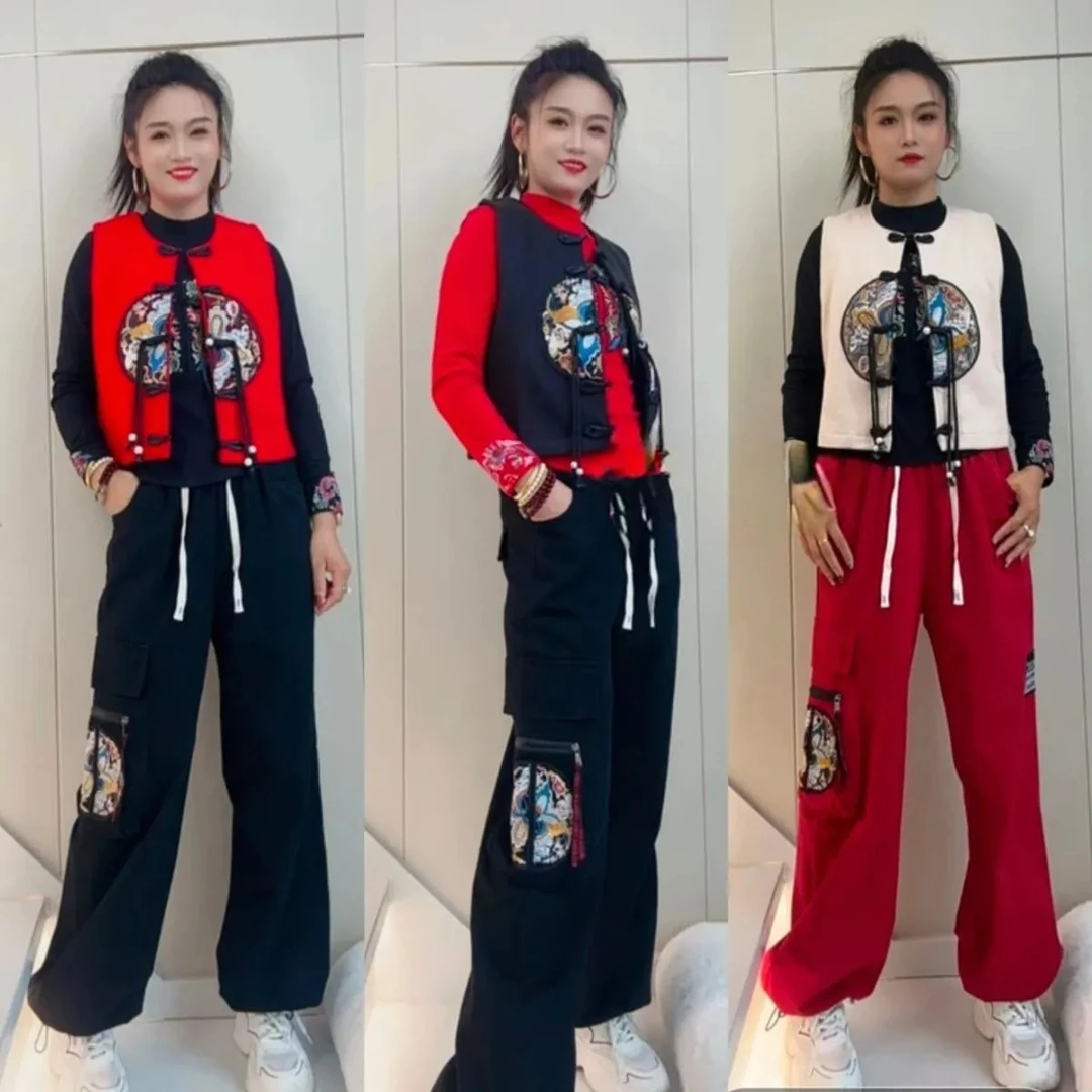 洋气春季休闲裤绣花秋冬国潮春秋秋季工装裤唐装百搭复古刺绣