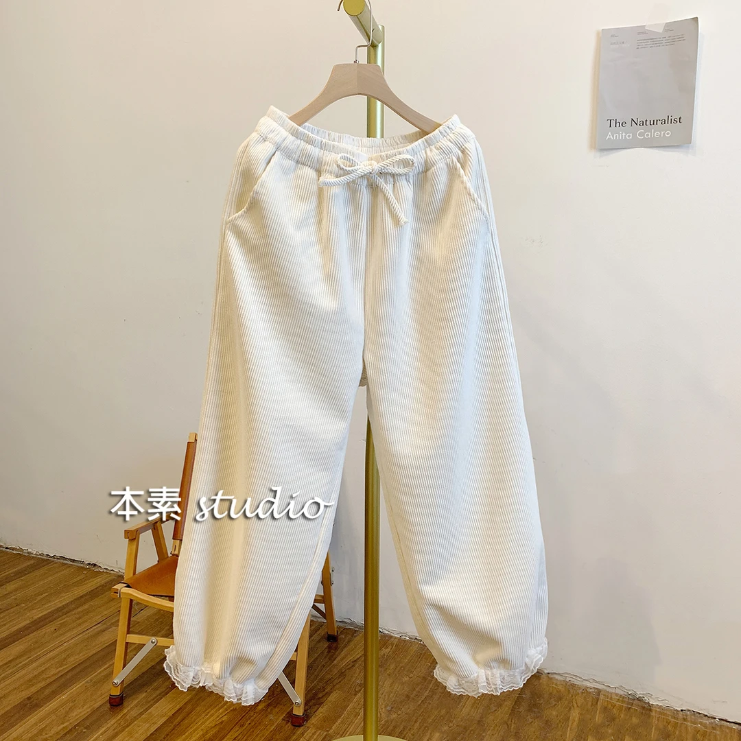 花苞裤C3025加绒灯芯绒蕾丝边松紧腰系带宽松休闲裤