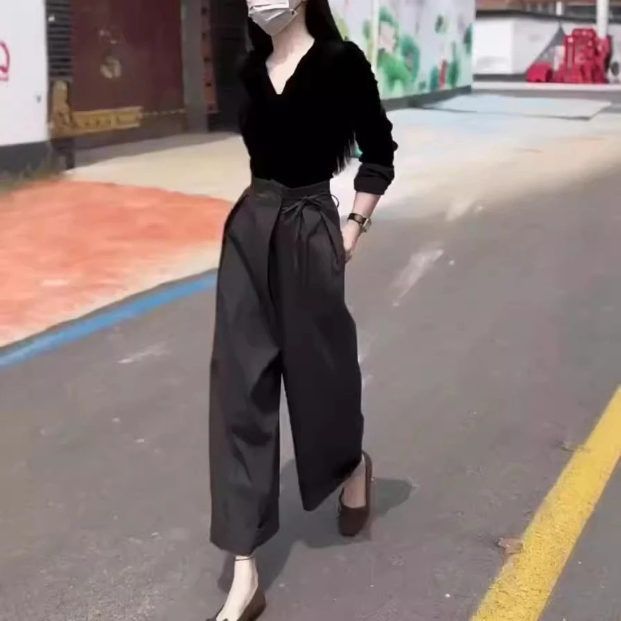春秋季新款时尚V领长袖T恤休闲阔腿裤洋气女装1