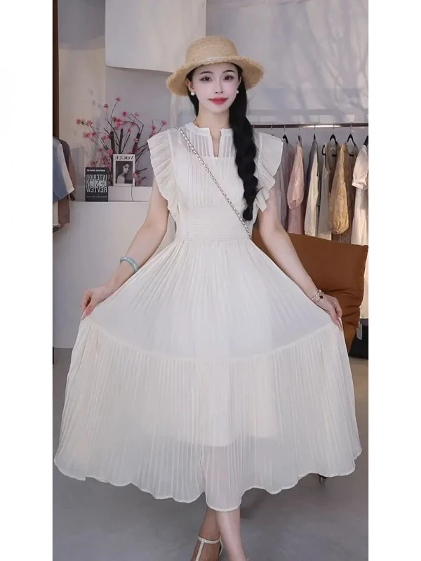 【小美专属】法式甜美风杏色小飞袖收腰显瘦夏季气质长裙连衣裙
