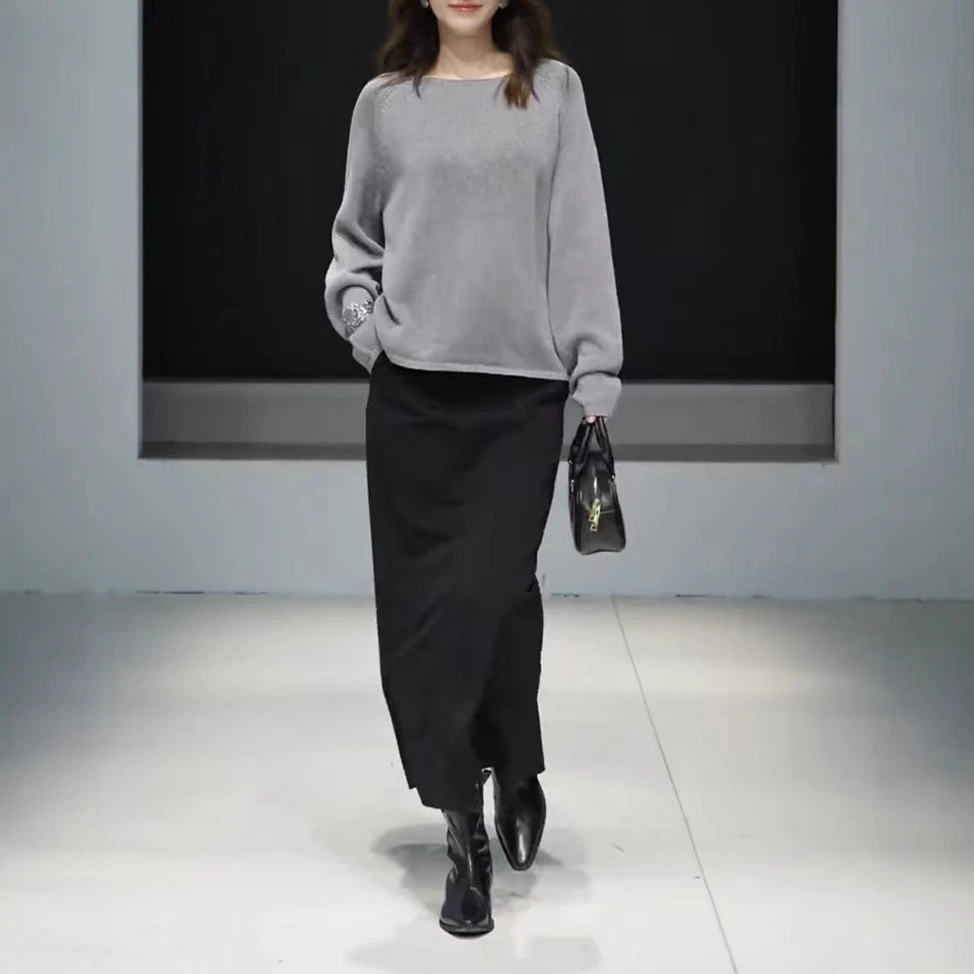 轻熟风纯色长袖宽松上衣高腰半身裙女装