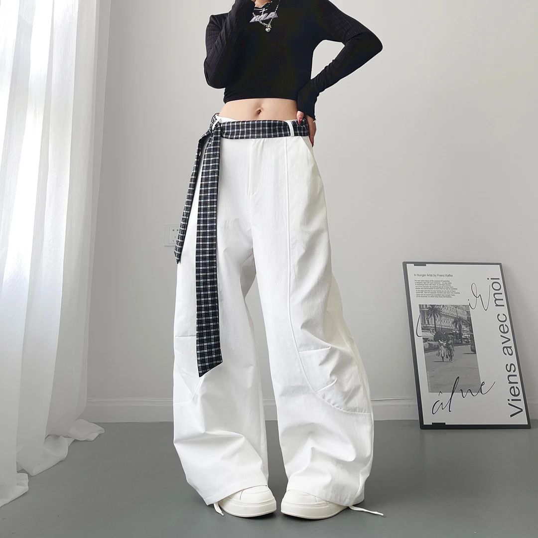大码设计感个性格子腰带阔腿裤女秋季新款胖mm慵懒风垂感休闲长裤