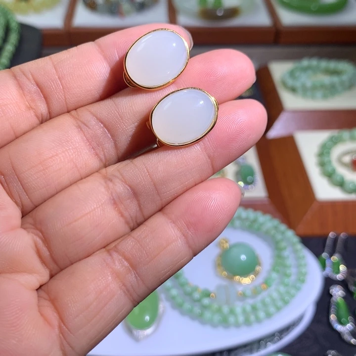 银S925镶嵌和田玉（白玉）耳饰