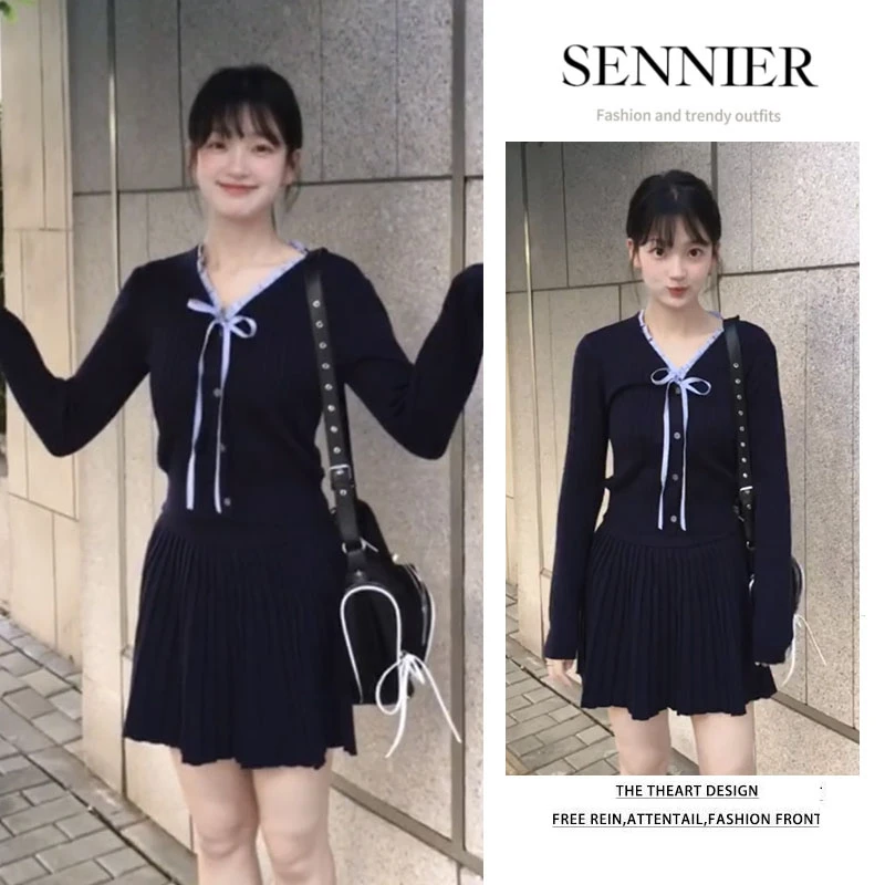 【现货】2025早秋爆款韩系穿搭蝴蝶结针织开衫上衣百褶半身裙两件套