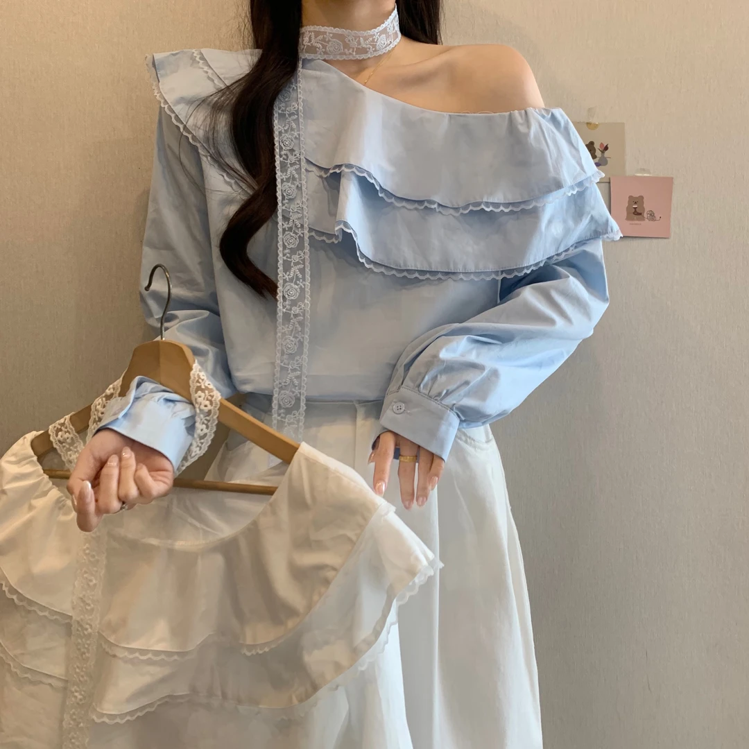 2025春季新款法式气质露肩小众衬衫时尚蕾丝绑带一字肩上衣高级感