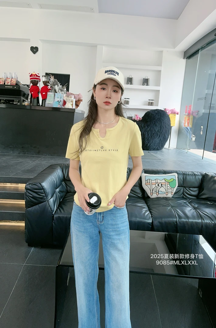 夏季新款内搭正肩短袖T恤女简约小众设计感宽松辣妹上衣9085