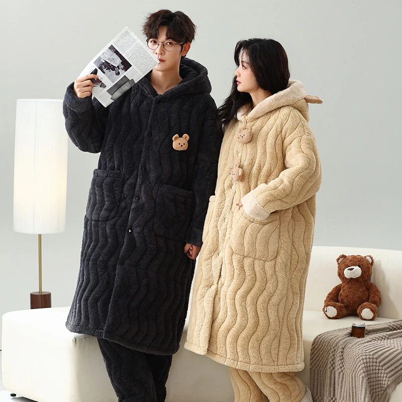冬季新款三层夹棉情侣长款睡袍加绒加厚保暖男女家居服套装可外穿