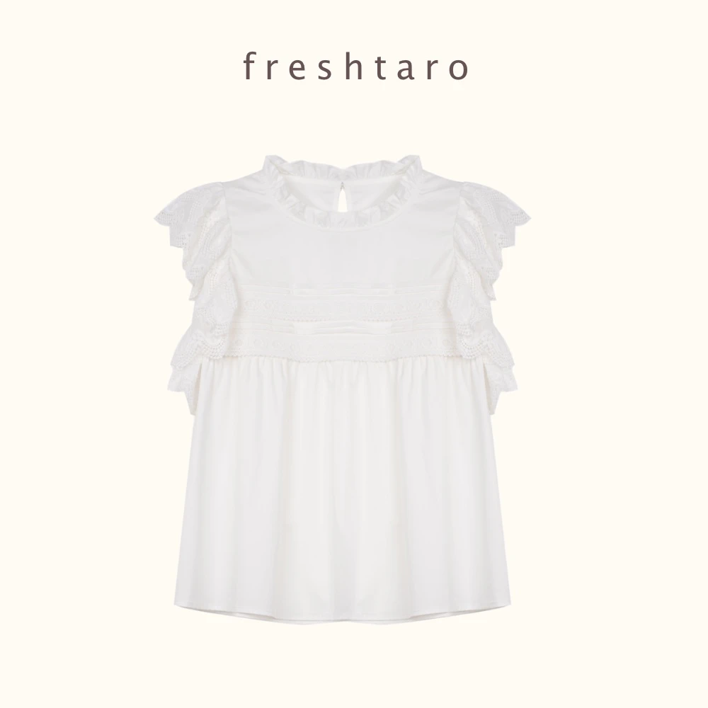 freshtaro   蕾丝拼接小飞袖少女感花边领衬衫女夏款白色百搭上衣