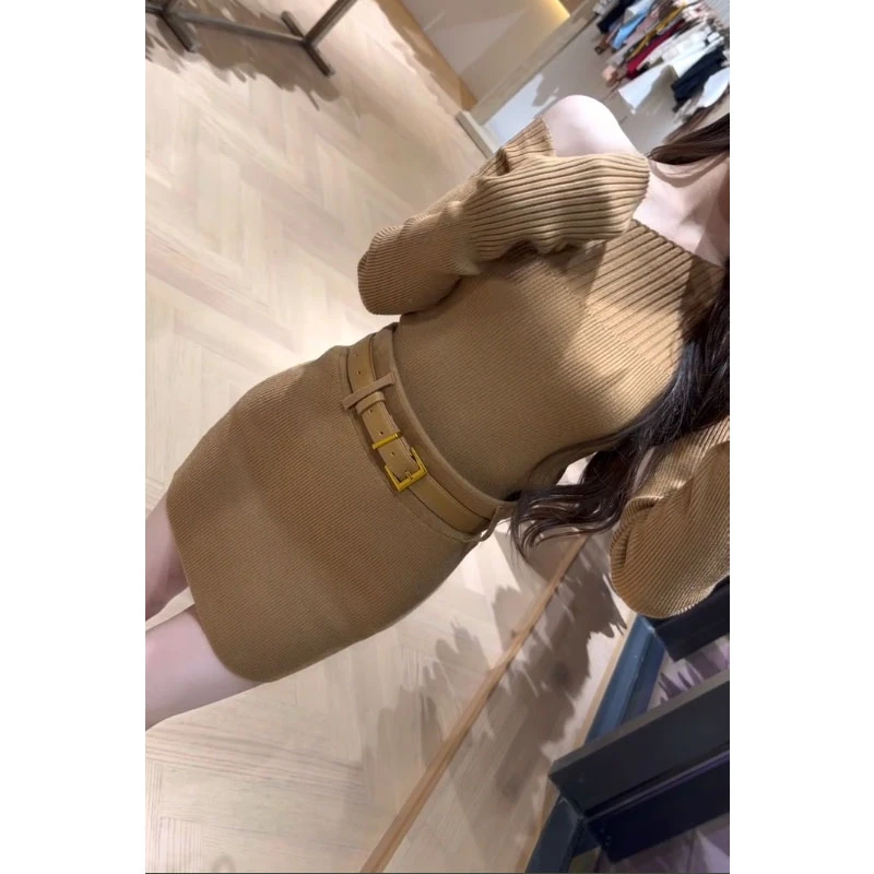 法式纯欲性感斜肩长袖针织衫显瘦收腰新款上衣配高腰半身裙两件套