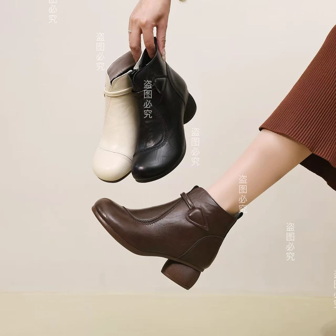 新款百搭气质爆款复古粗跟软底软面妈妈靴529