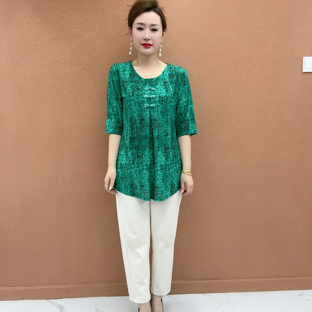 妈妈装大码七分袖T恤透气有弹力