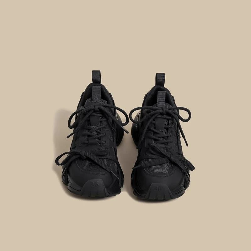 Venivolo 双鞋带老爹鞋女2025新款显脚小网红复古小众黑色运动鞋