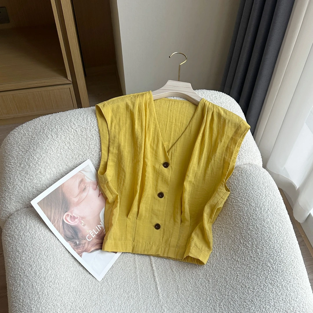 Barbie Siyu【指纹】25133气质V领无袖衬衫夏季设计感小众短款上衣