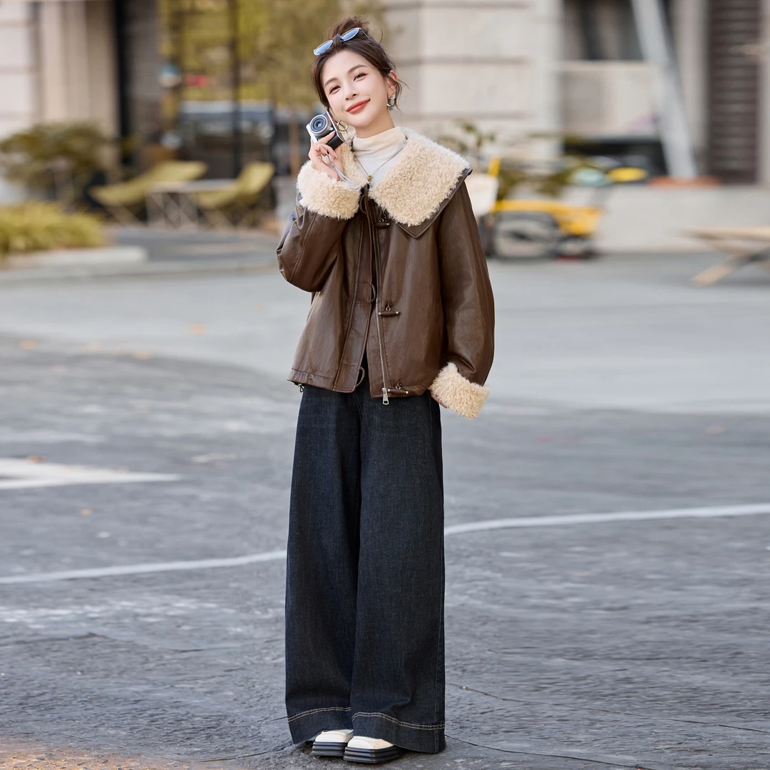 加绒皮衣外套女款爆款2025新款秋冬时尚高档皮夹克羊羔毛加厚