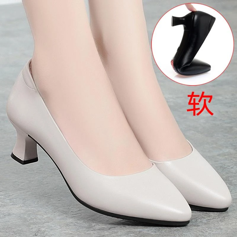 牛皮真皮软底舒适细跟白色鞋工作鞋正装职业女士皮鞋单鞋女鞋