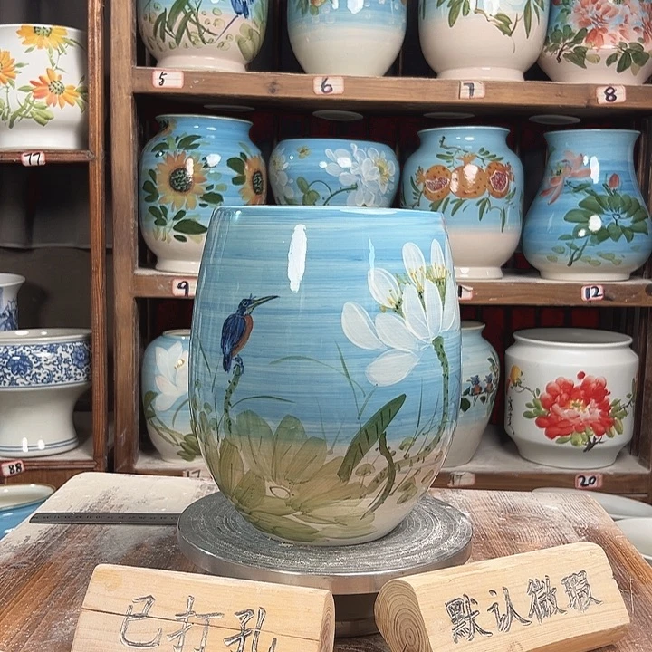摆件但盆油画荷花翠鸟新款新款陶瓷