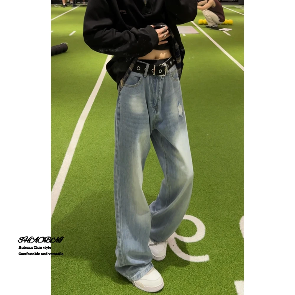 设计感闪电纹牛仔裤男秋季宽松阔腿直筒裤子美式cleanfit微喇长裤