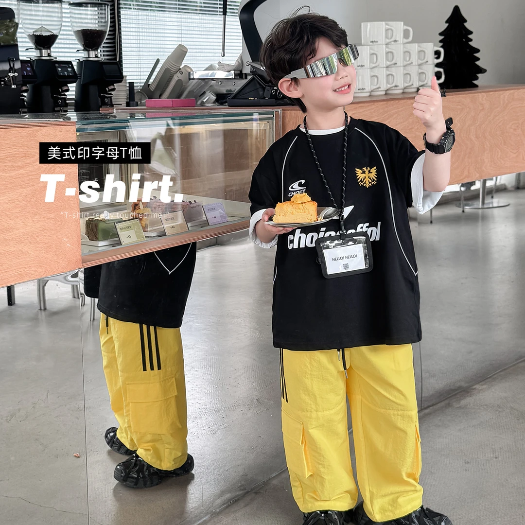 【现】FX5015棉小班童装反光条印花短袖T恤2025夏季休闲大童半袖