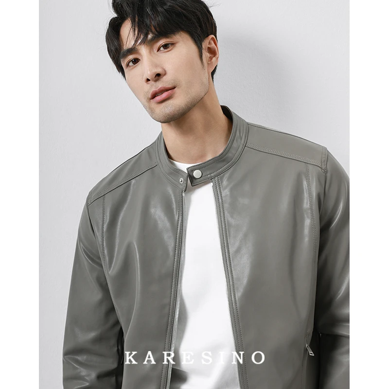 KARESINO美式休闲立领PU软皮衣男士骑行复古黑色机车服皮夹克外套
