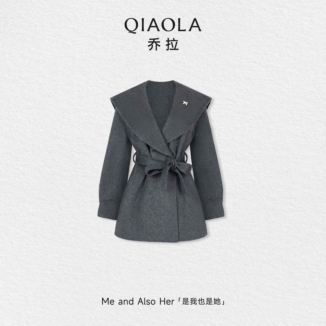QIAOLA/乔拉【灰槿乐谱】秋冬绵羊毛大翻领双面呢收腰显瘦保暖大衣