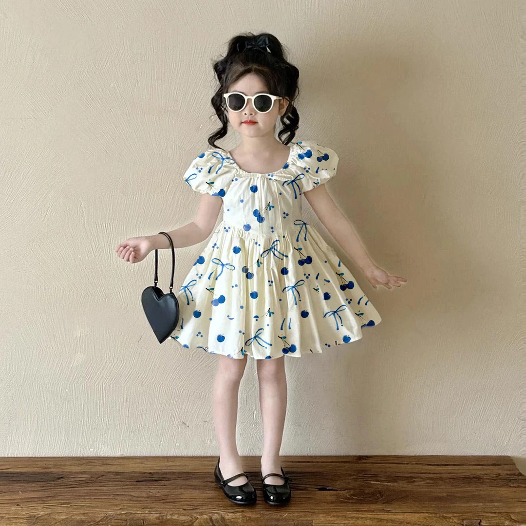 法式女童2025夏季儿童新款洋气樱桃蝴蝶结连衣裙女宝宝碎花公主裙