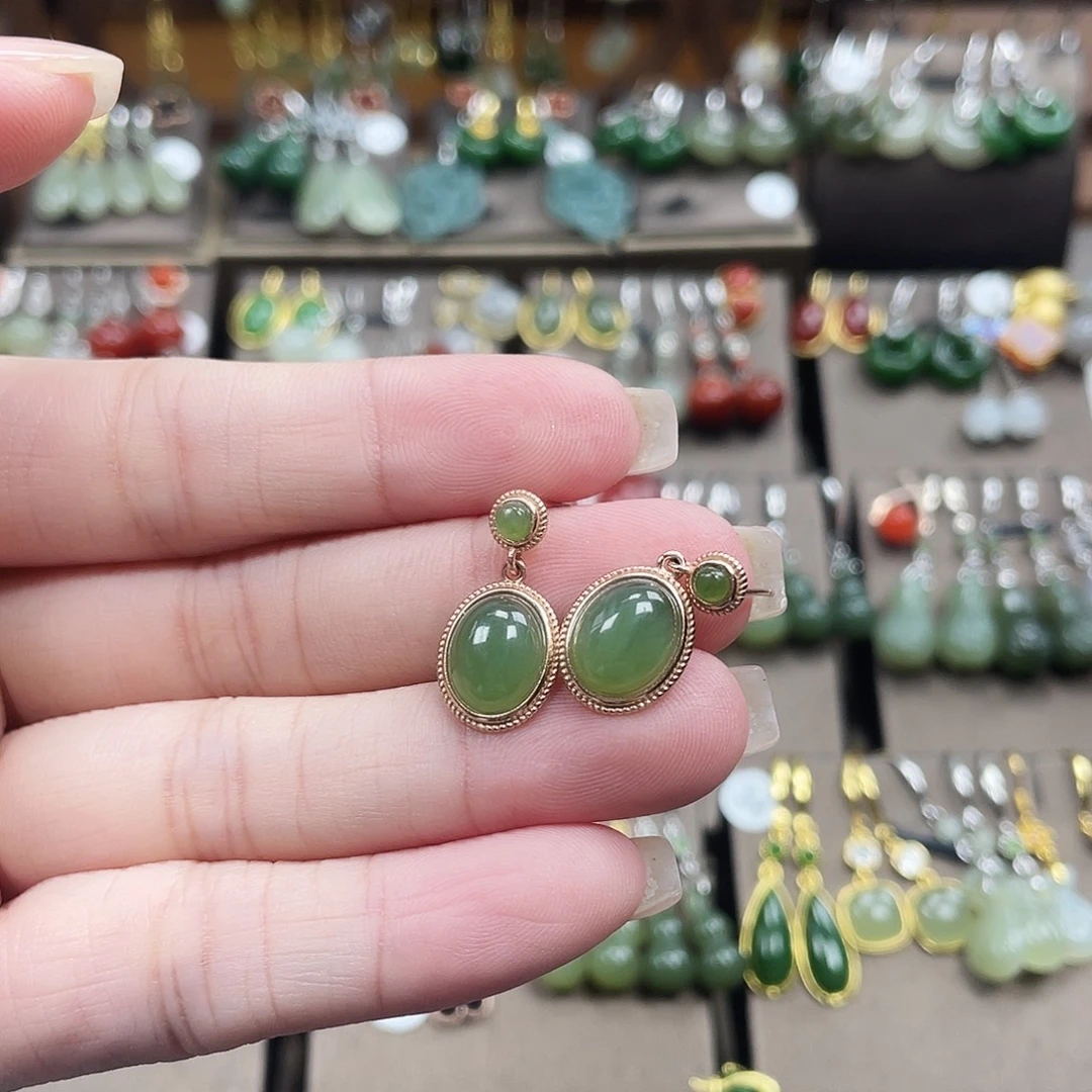 和田玉银S925镶嵌耳饰