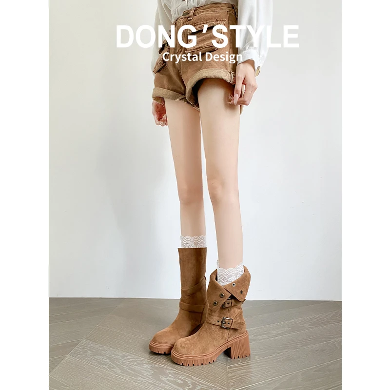 真皮~两穿中筒靴女2025秋季新款美拉德女靴子高跟短靴粗跟马丁靴