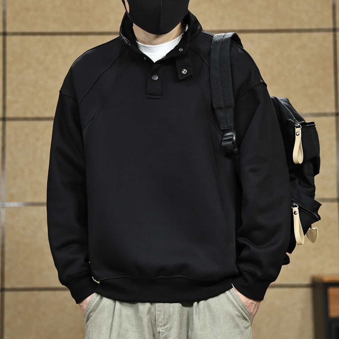 美式复古高级感立领卫衣男黑色秋冬季宽松潮流休闲打底上衣外套男