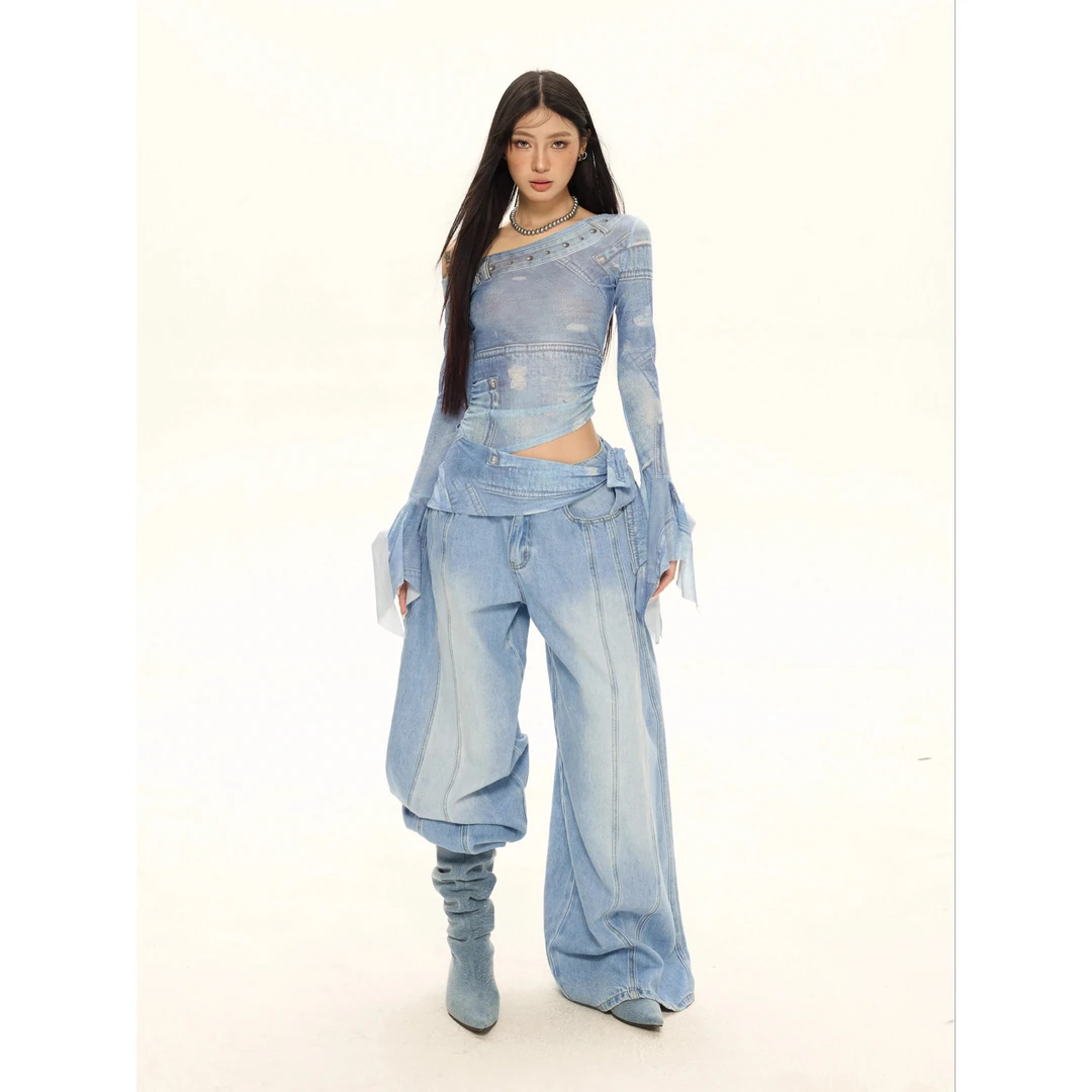 斜肩网纱上衣女春浅蓝色印花修身显瘦甜辣设计感长袖小衫