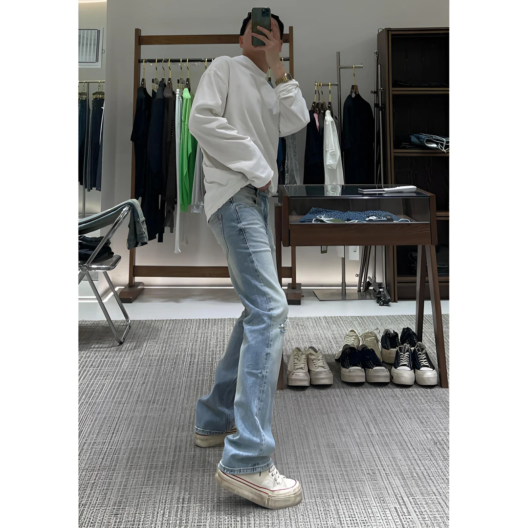 TKTHEKING/24790A美式赤耳丹宁四季破洞款磨白水洗微喇版牛仔裤