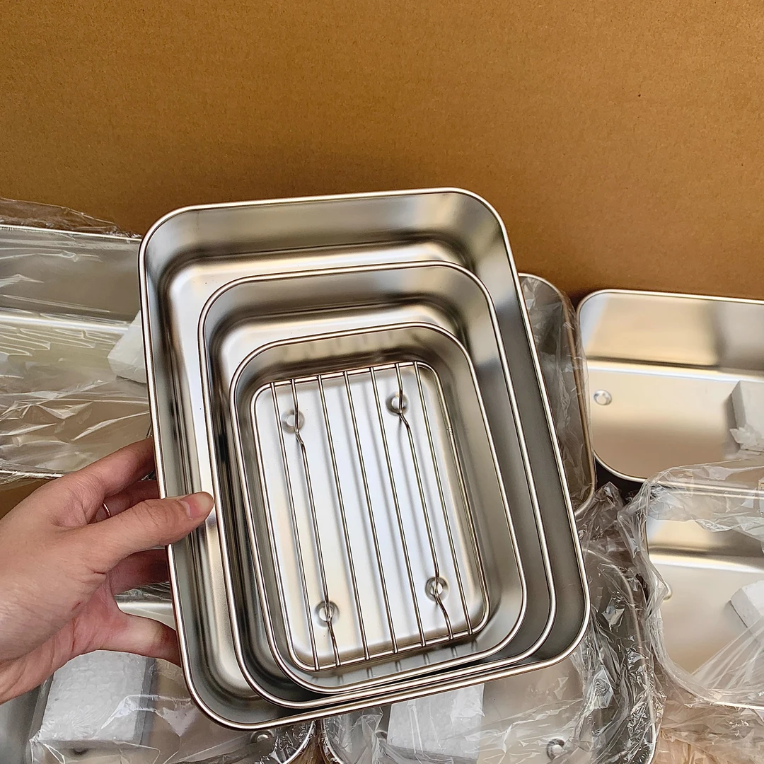 304不锈钢保鲜盒茶盘托盘家用沥水盘沥油盒带盖带网架冷藏盒沥水