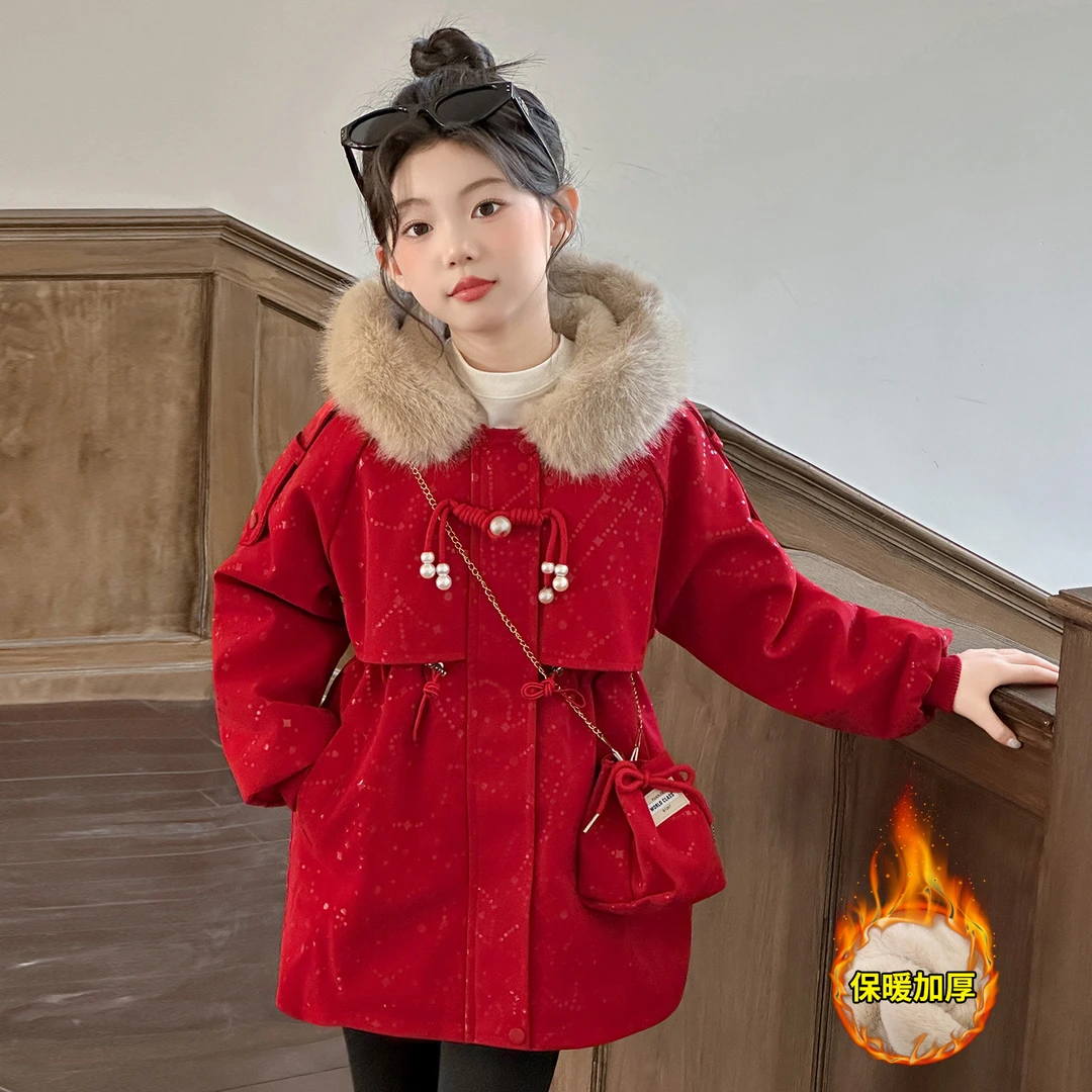 女童冬季红色年服北斗星亮片皮衣派克服外套加绒加厚儿童夹克外套