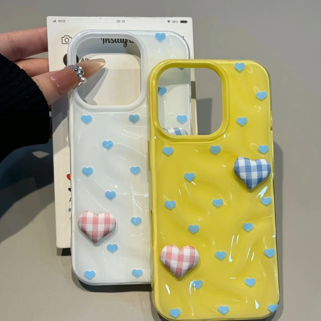 壳望满屏蓝爱心波浪褶皱壳适用苹果iPhone15手机壳16新款14防摔16