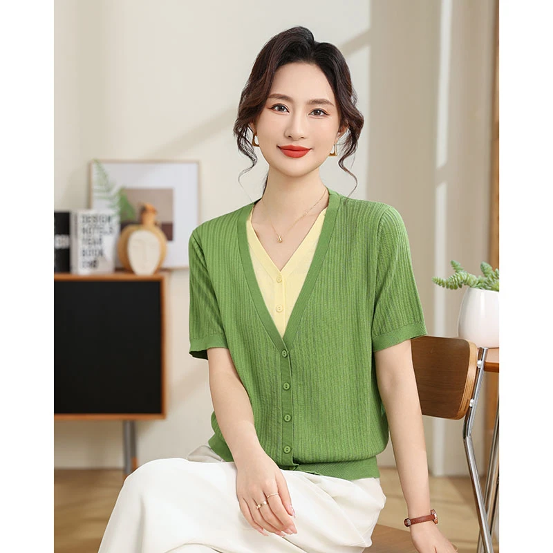 【香嘉怡新品】XJYEA3622女士桑蚕丝+莱赛尔V领假两件真开衫夏季