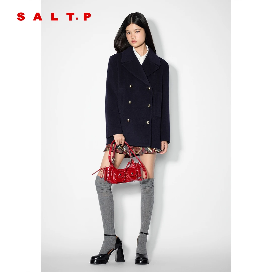 SALT.P可颜复古藏蓝色一手长西装大衣2025冬季新款大衣